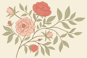 Floral pattern of roses and peonies with leaves in vintage style