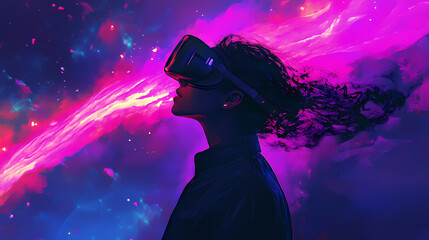 Woman in vr glasses in neon space, digital art illustration, generative ai. Futuristic. Illustration