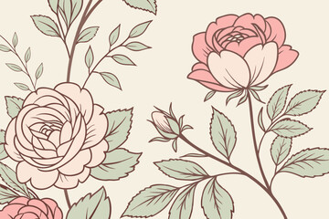 Floral pattern of roses and peonies with leaves in vintage style