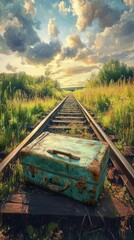Vibrant old suitcase on overgrown railway track, evoking nostalgia and adventure amidst nature's reclaiming touch