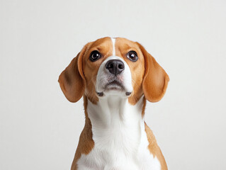 Beagle dog with expressive eyes and curious expression, looking up against white background. This breed is known for its friendly nature and intelligence