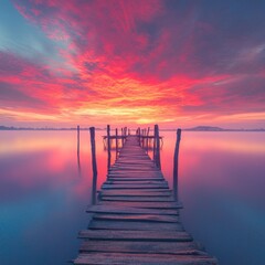 Fototapeta premium A serene wooden pier extending into a calm lake at sunset.
