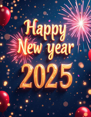 Generative AI Festive Happy New Year 2025 illustration with vibrant fireworks, golden text, and red balloons. Perfect for celebrating the New Year with a joyful and colorful design.