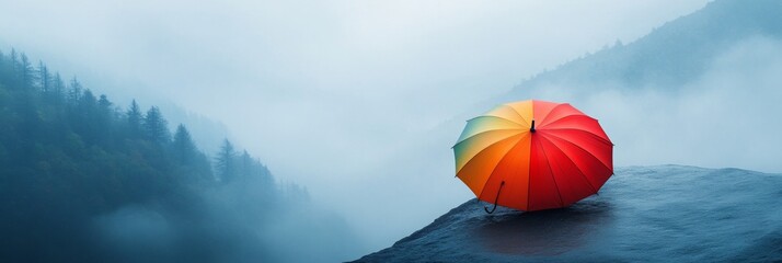 Vibrant Umbrella in Misty Landscape, a colorful umbrella stands out against a foggy hill, evoking a sense of mystery and wonder.