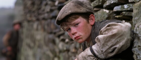 Obraz premium A young boy in a cap gazes intently, leaning against a stone wall, exuding a sense of determination amidst rural surroundings.