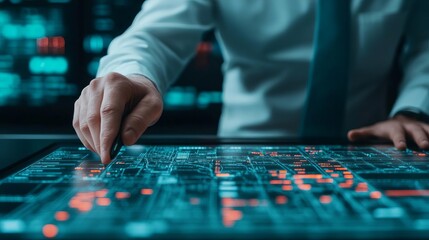 Manager analyzing digital map of supply chain routes, high-tech logistics