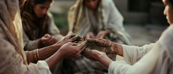 Fototapeta premium Four individuals focus on tactile work, using their hands to craft something with earthy materials, surrounded by a calming natural ambiance.