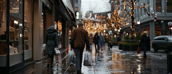 Naklejka premium Rain-soaked city street at twilight with festive holiday lights creates a magical and romantic atmosphere for evening strolls.