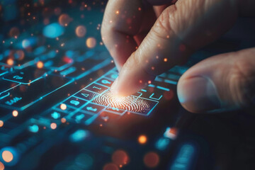 Finger touching digital fingerprint scanner on glowing virtual keyboard, identification concept