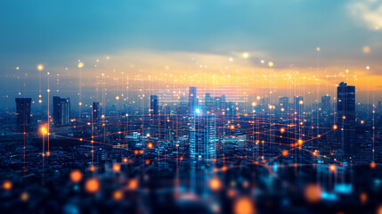 Fototapeta premium Bright glowing lights of district in megapolis under dusk sky in evening on blurred background . -