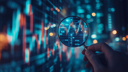 Businessman using magnifying glass to search stocks in stock market, uptrend, growth economics, business strategy development and investment opportunities, profit from fund, financial analyst