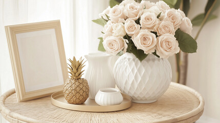 Light Cozy Living Room Decoration with Roses. Romantic natural Interior Design. Cozy Light Room Round rattan Table with Bunch  of White Roses in Vase. Bedroom wooden Side Table with Books and Flowers.