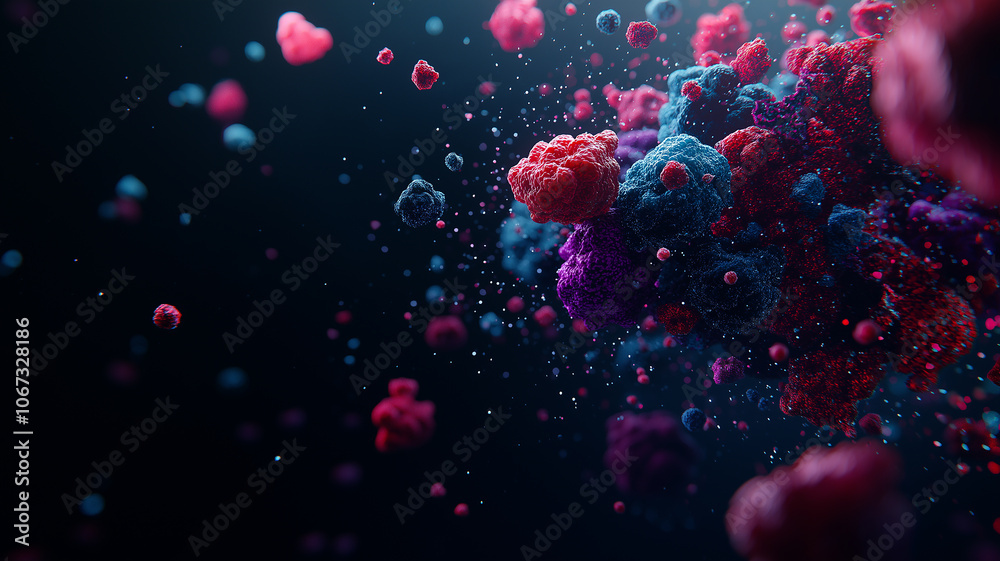 Fototapete colorful pathogen clusters float in dark background, showcasing intricate details and vibrant hues. 