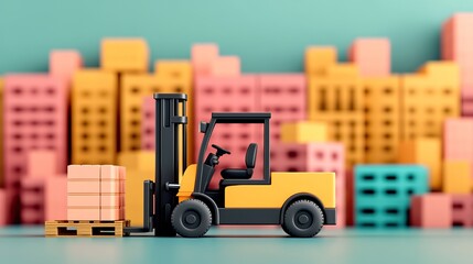 Naklejka premium A miniature forklift loads pallets beside colorful building blocks, representing an urban landscape, with a vibrant, playful aesthetic.