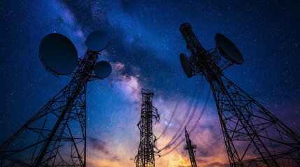 From below wonderful view of media antenna and silhouettes of electricity high voltage power towers against night city on horizon and gorgeous Milky Way in clear sky 