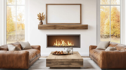 Modern Interior Design with Fireplace. Neutral Style Living Room with Fireplace. Wooden Table, Couch in Living Room. Living Room with White Wall and Mockup. Brown Leather Armchair with Cushions.