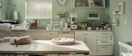 A veterinary clinic counter with neat equipment, sunlight streaming through the window, creating a warm, professional atmosphere.