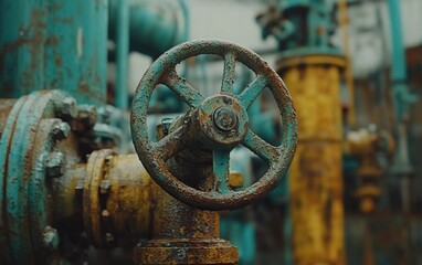 A close-up of a rusty industrial valve, showcasing its weathered texture and intricate details, reflecting years of use in a manufacturing environment.