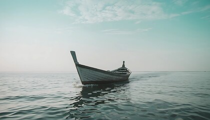 A lone wooden boat rests serenely on calm ocean waters under a soft, pastel sky. This minimalist seascape captures tranquility, solitude, and natural beauty.