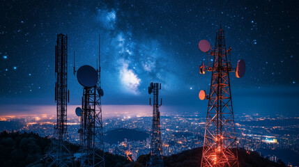 From below wonderful view of media antenna and silhouettes of electricity high voltage power towers against night city on horizon and gorgeous Milky Way in clear sky 