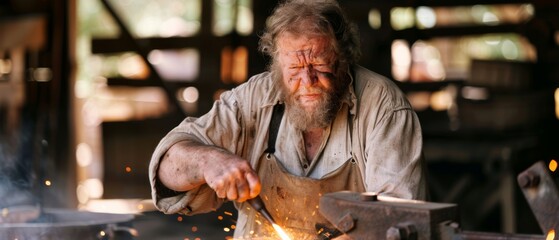 A skilled blacksmith concentrates intensely, sparks flying from red-hot metal as he forges tools in a dimly-lit, rustic workshop.