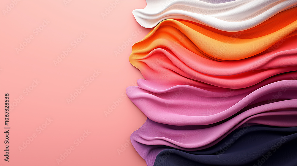 Poster colorful abstract background with flowing, layered waves of fabric like textures in pink, orange, an