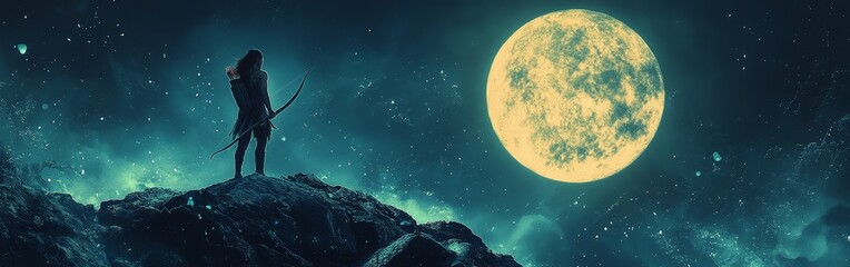 Lord Rama aiming bow in sunset with cosmic backdrop