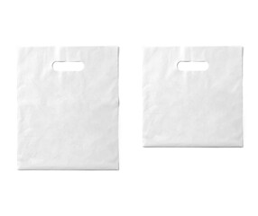 Plastic grocery bag. Close up of empty plastic bag with space for your logo. Isolated on white background. Disposable plastic bag with handles.