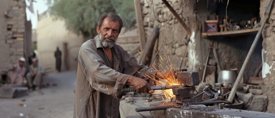 A determined blacksmith works at his forge, sparks flying as he shapes metal, with fellow workers visible in the background of a rustic setting.