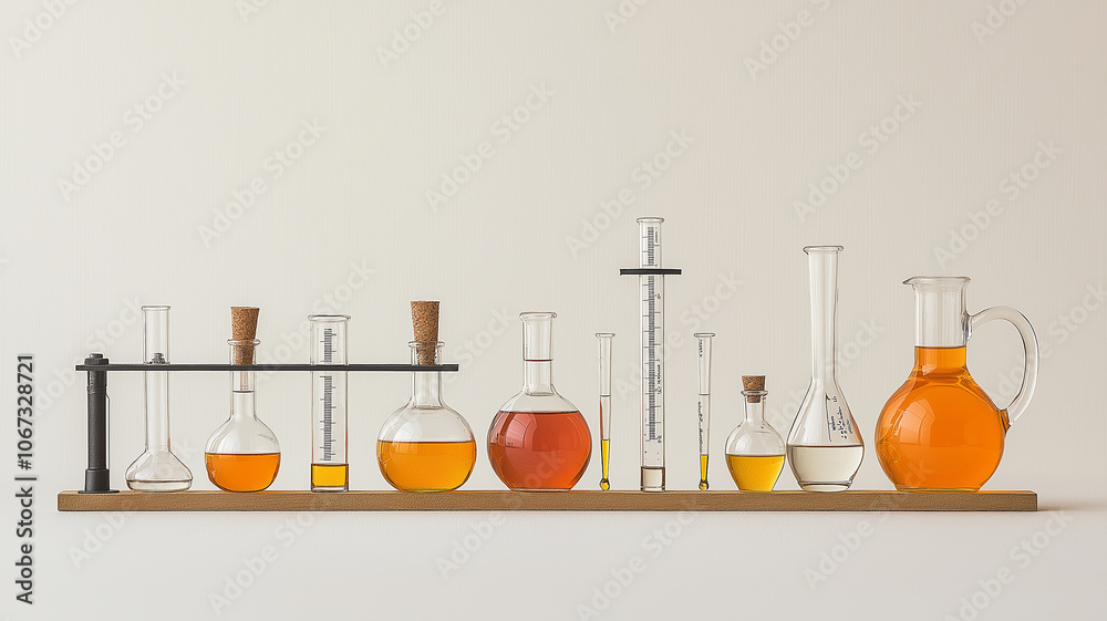 Aufkleber series of glass laboratory flasks and beakers filled with orange liquid are neatly arranged on woode