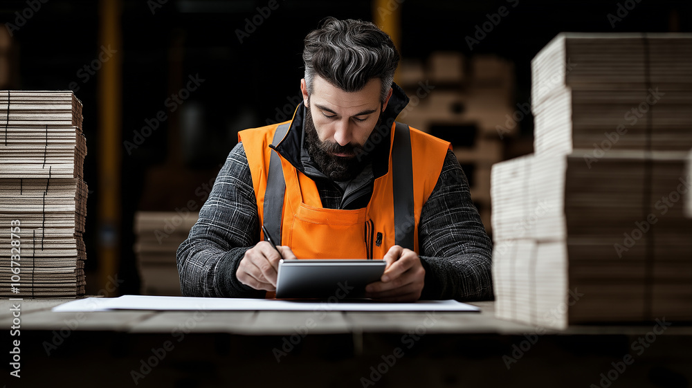 Poster focused inventory worker in orange safety vest updates records on digital tablet, surrounded by stacks of cardboard boxes in warehouse setting