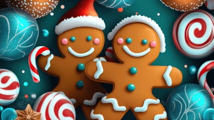 Playful gingerbread men with candy canes and festive decorations create joyful holiday scene. vibrant colors and cheerful expressions evoke sense of warmth and celebration