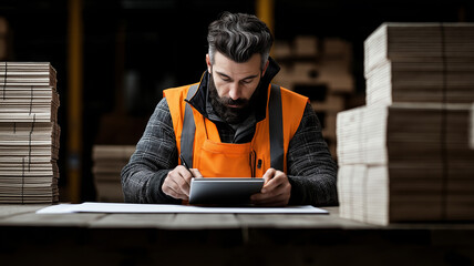 focused inventory worker in orange safety vest updates records on digital tablet, surrounded by stacks of cardboard boxes in warehouse setting