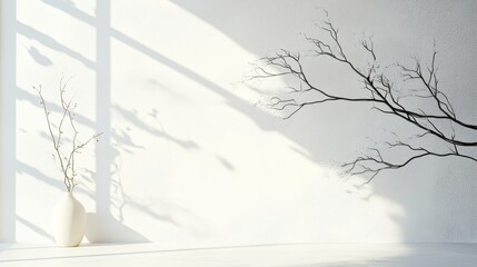 Minimalist white wall with organic textures, featuring a delicate branch casting a shadow and a vase with dried branches adding visual interest.