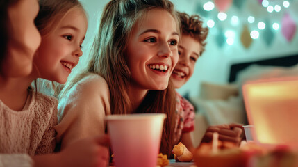 Obraz premium Children enjoying a cozy movie night with snacks and warm lighting, AI