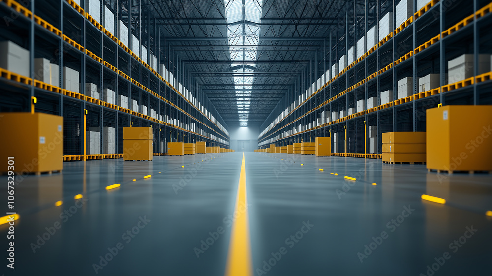 Poster spacious warehouse interior with automated system for moving goods efficiently, featuring rows of sh