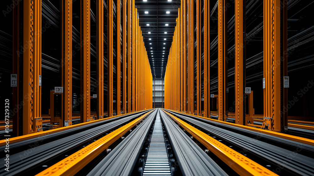 Aufkleber modern warehouse interior with automated system features tall orange racks and tracks for efficient storage and retrieval. symmetrical design and lighting create futuristic atmosphere