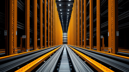 modern warehouse interior with automated system features tall orange racks and tracks for efficient storage and retrieval. symmetrical design and lighting create futuristic atmosphere