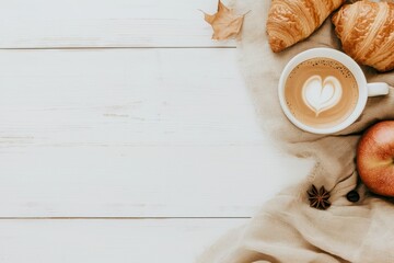 Delicious breakfast spread with coffee, croissants, and fresh fruit, arranged on a wooden table, inviting and comforting