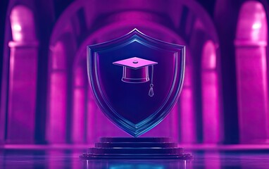 A digital shield featuring a graduation cap, set in a vibrant purple-lit environment, symbolizing academic achievement and security.