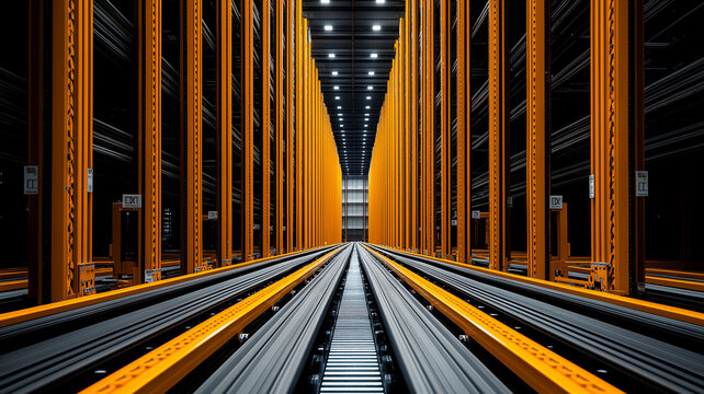 modern warehouse interior with automated system features tall orange racks and tracks for efficient storage and retrieval. symmetrical design and lighting create futuristic atmosphere
