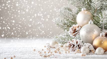 Christmas postcard with ornaments, Christmas tree in snow against blurred background