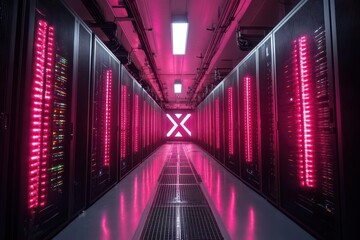 Fototapeta premium server racks forming an x shape visually representing powerful computing capabilities derived from social media data illuminated with dynamic lights to emphasize innovation
