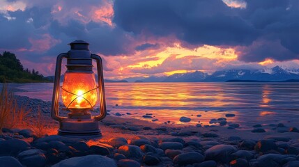 Lantern Light on Rocky Beach, A glowing lantern illuminates shadows on a rugged shore, with a dramatic cloudy sky and distant mountains.