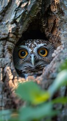 Close-up Portrait of a Spotted Owl Peeking Out of a Tree Cavity