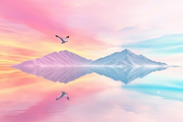 Fototapeta premium Flight of a seagull over a calm sea, dramatic sunset colors in the sky, symbolizing freedom and tranquility