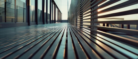 Naklejka premium The sunlit hallway of metallic slats showcases depth and perspective, merging geometric finesse with warm, ambient light.