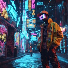 Obraz premium 80s hip-hop style, digital graffiti holograms, vibrant urban backdrop, 9:16 ratio