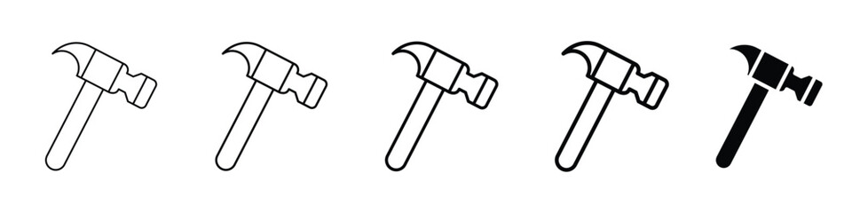 Set 5 hammer icons 1 unexpanded vector 1 silhouette, Hammer icon, black minimalist silhouette isolated on a white background, simple design for website and mobile app vector element