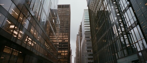 Urban canyon of towering skyscrapers with reflective glass facades under a cloudy sky, embodying modernity and ambition.